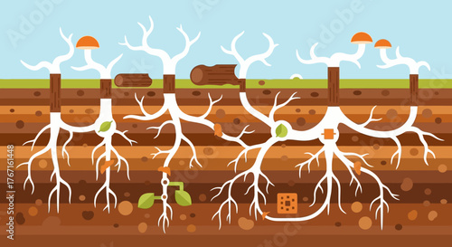 Complex underground mycorrhizal network illustrating plant root fungal symbiosis.