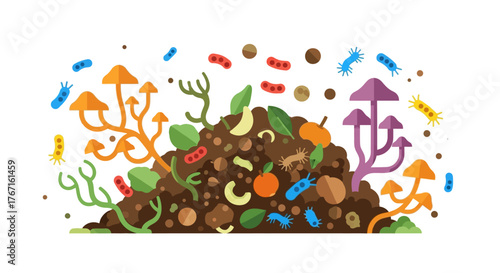 Compost pile with organic waste and microorganisms.