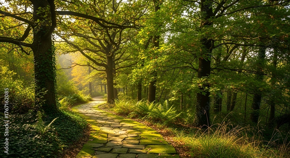 Fototapeta premium Pathway through a Lush Green Forest with Sunlight Streaming Through the Trees