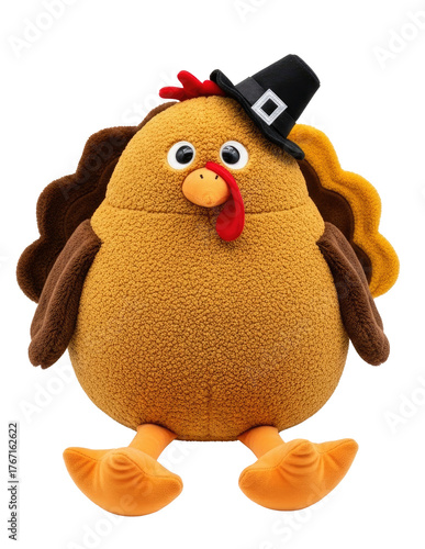 A plush, cartoonish turkey wearing a pilgrim hat, with a white background.