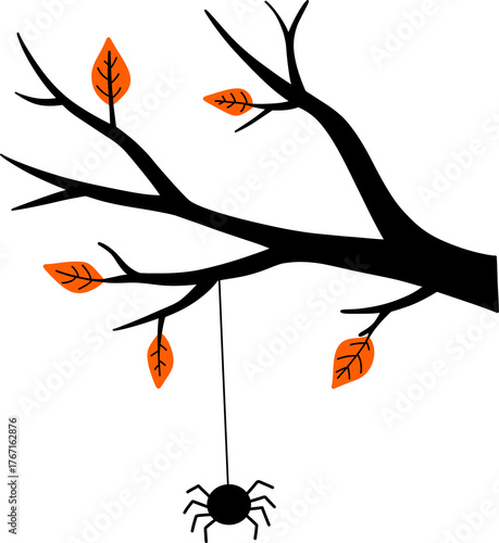 Halloween Illustrations, Autumn Trees and Hanging Spider