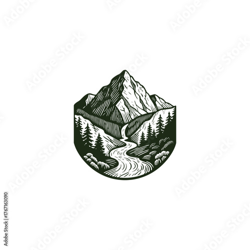 Detailed vintage woodcut illustration featuring a majestic mountain peak with a winding river flowing through a dense pine forest