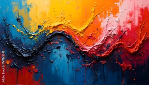 A dynamic abstract artwork showcases bold strokes of red, blue, and yellow in a wave-like pattern. The textured composition adds depth and movement to the piece.
