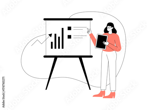 Female office worker standing while presenting about her project. Business leadership illustration. Flat vector illustration.