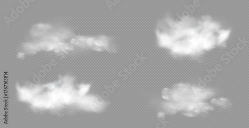 Realistic white fluffy clouds with fog or light smoke effect on a transparent background. Misty atmosphere element for overlaying on images, dramatic scenes or weather visual effects.