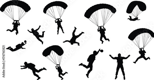 Skydiver silhouettes in freefall and parachute descent, extreme aerial sport, outdoor adventure, aviation training, adrenaline lifestyle, dynamic skydiving positions illustration