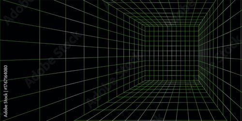 Fototapeta Naklejka Na Ścianę i Meble -  Abstract perspective grid tunnel with vanishing point, creating a sense of depth and dimension.