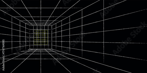 Abstract perspective grid tunnel with vanishing point, creating a sense of depth and dimension.