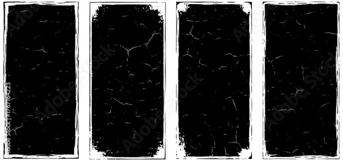 Four distressed black grunge borders with cracked textures for vintage design projects