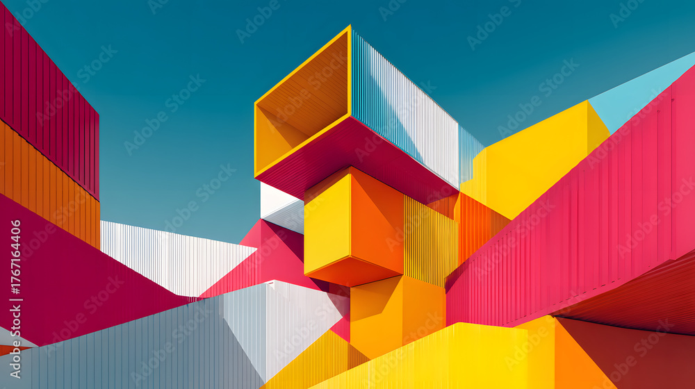 Fototapeta premium Geometric Symphony: An abstract composition bursts with vibrant colors and bold geometric shapes, creating a visually dynamic experience