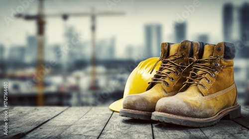 A pair of yellow work boots and a yellow hard hat on a wooden table with a construction site in the background.