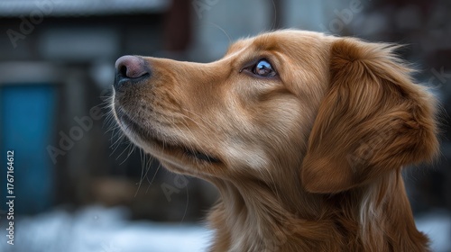 Golden Retriever dog with brown fur and blue eyes looking up.
