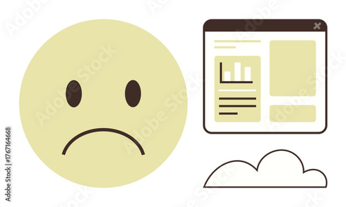 Frowning emotion next to data dashboard browser window and a cloud symbol. Ideal for failure, dissatisfaction, low performance, frustration, online feedback, negative outcomes, cloud-related issues