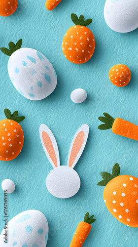 Easter Celebration: A festive assortment of charming Easter eggs, playful carrots, and a delightful bunny rabbit arranged on a light blue backdrop, celebrating the joyous spirit of Easter.