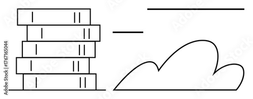 Stacked server racks beside a simple cloud outline symbolizing cloud storage, computing, technology, networking, data transfer, IT infrastructure, and digital connectivity in a simple flat metaphor