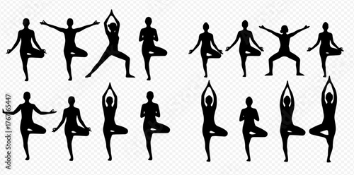Silhouettes of people in various yoga poses, demonstrating balance and flexibility.