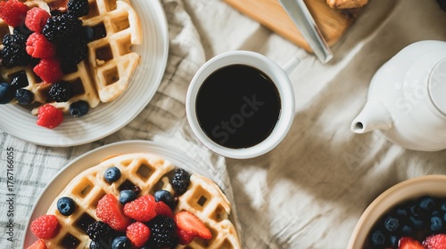 highangle. A delicious breakfast spread featuring waffles, berries, and coffee from a high-angle view. menu design, packaging mockups, designed for food delivery and cloud-kitchen brand materials.