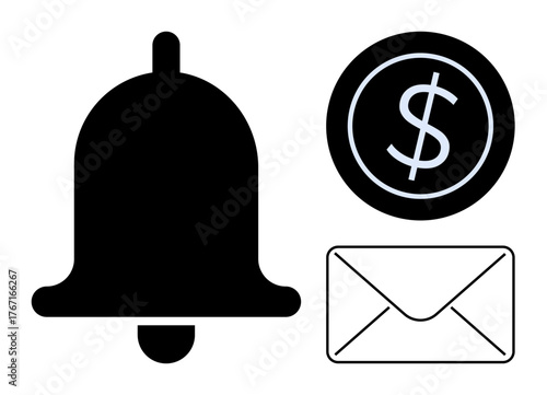 Black bell, outlined envelope, and dollar badge convey notifications, communication, and payments. Ideal for banking, apps, updates, email reminders commerce simple flat metaphor
