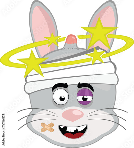 vector illustration emoticon character face rabbit rodent animal, hurt with a black eye and seeing stars