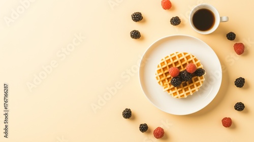 highangle. A delicious breakfast spread featuring waffles, berries, and coffee from a high-angle view. menu design, packaging mockups, designed for food delivery and cloud-kitchen brand materials.