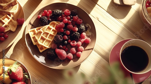 highangle. A delicious breakfast spread featuring waffles, berries, and coffee from a high-angle view. menu design, packaging mockups, designed for food delivery and cloud-kitchen brand materials.