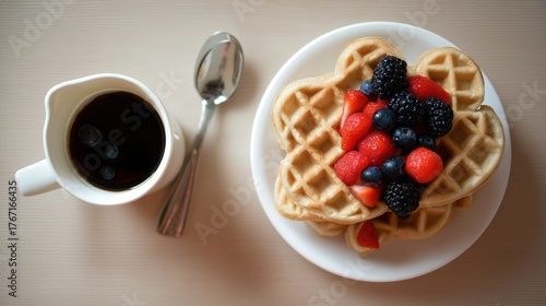 highangle. A delicious breakfast spread featuring waffles, berries, and coffee from a high-angle view. menu design, packaging mockups, designed for food delivery and cloud-kitchen brand materials.
