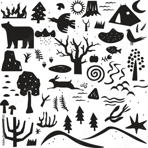 Rustic hand-drawn doodle collection featuring outdoor and camping adventure elements such as bear, tent, bird, rabbit, campfire, mountains, trees, mushrooms, fish, and nature symbols. Perfect for trav