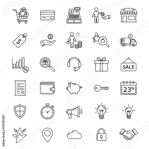 Collection of various shopping and business icons, suitable for commerce and retail.
