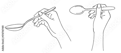 スプーンを持つ手の線画イラストセット,食事,カトラリー,スープ,食べる,ベクター