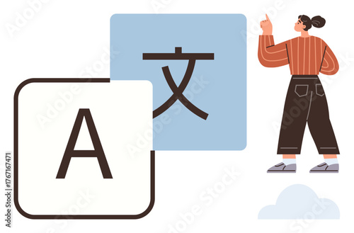 Large alphabet and language characters inside blocks, woman pointing upwards. Ideal for translation, communication, learning, globalization, multilingualism, education technology. Simple flat
