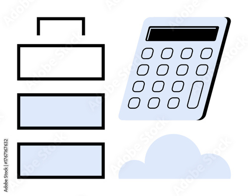 Calculator, cloud, and filing cabinet showcasing digital storage, data analysis, and financial organization. Ideal for technology, finance, budgeting, accounting productivity cloud computing