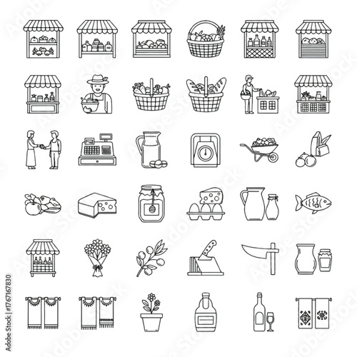 A collection of line art icons representing a farmer's market, including stalls, produce, and vendors.