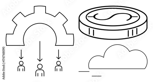 Gear distributing resources to users, coin symbolizing finance, and cloud for connectivity. Ideal for technology, teamwork, network, finance, resource sharing business collaboration. Simple flat