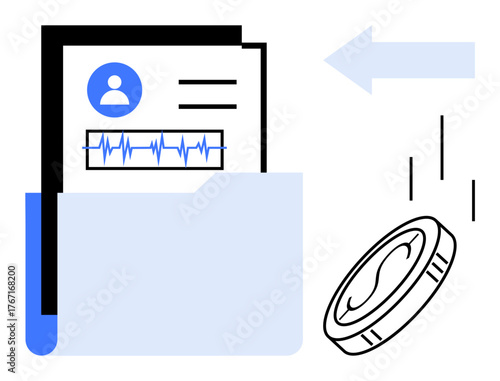 Health profile with ECG graph in folder, falling coin, and arrow. Ideal for healthcare, finance, medical data, insurance, cost analysis, technology investments simple flat metaphor