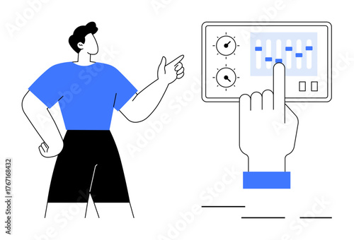 Person standing next to a touchscreen control panel with toggles and sliders being adjusted. Ideal for technology, interface, workflow, instruction, user interaction, teamwork, simple flat metaphor