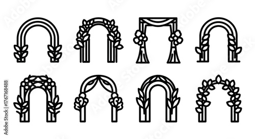 icon set of detailed wedding arches and frames in clean black outline style, featuring various floral, geometric, and ceremonial canopy designs.