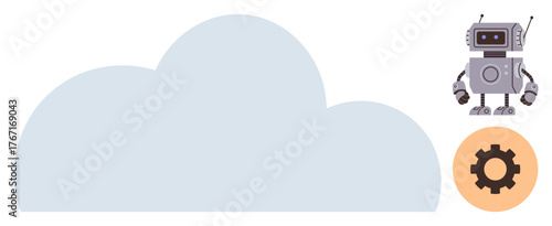 Large cloud shape with a robot and orange gear symbol, connecting technology, AI, and cloud services. Ideal for innovation, digital transformation, automation, computing, data storage futuristic