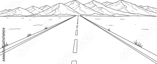 A stark black and white sketch of a long empty road stretching towards distant rugged mountains under a clear sky