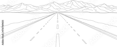 Expansive desert highway stretching towards distant rugged mountains under a vast clear sky in a minimalist line art style