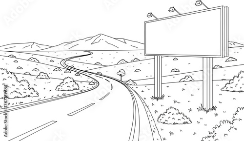 Blank billboard sign on a roadside with a winding road and distant mountains under a clear sky