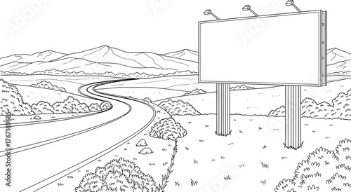 Blank billboard sign on a hill overlooking a winding road and rural landscape in a line art drawing