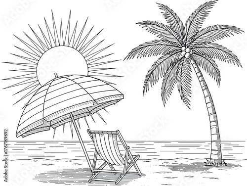 Hand drawn sketch of a tropical beach scene with a large sun behind a palm tree and beach chair