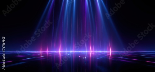 3d render, abstract background with neon light rays and laser beams on a dark stage shiny nightclub scene Generative AI