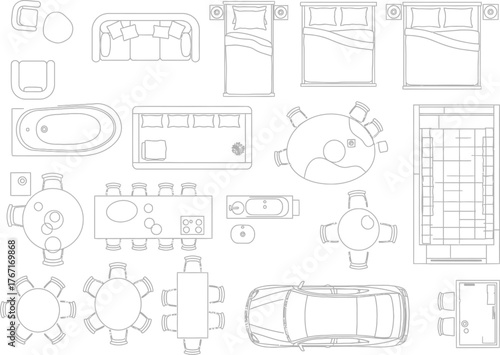 Collection of hand drawn architectural floor plan symbols and furniture icons for interior design and home planning