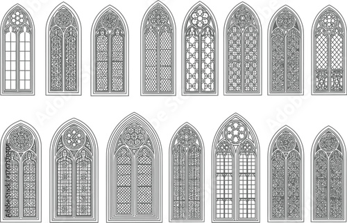 Collection of detailed gothic arch windows with intricate tracery and geometric panes in a stylized illustration