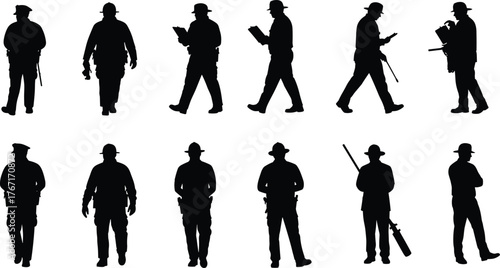 Uniformed worker silhouettes, law enforcement illustration, military personnel artwork, professional figures design, security guard icons, occupational roles, protective service poses, authority