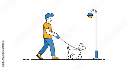 Man walking dog on leash down city street near lamppost on sunny afternoon, enjoying leisurely stroll and companionship.
