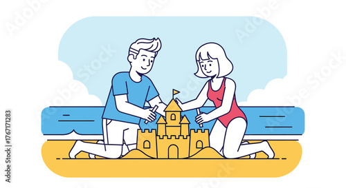 Couple building sandcastle together on sunny beach with blue ocean and sky, enjoying summer vacation and creating happy memories.