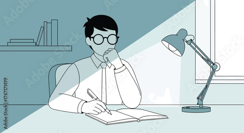 Man writing in notebook at desk under lamp in quiet room, concentrating on his work with focused and thoughtful expression.