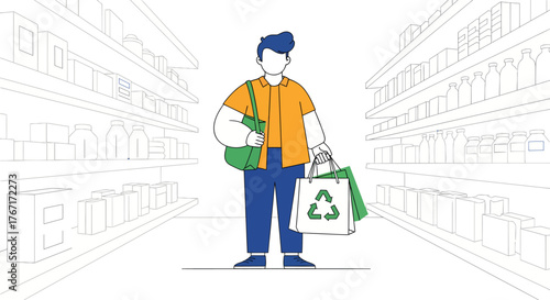 Man carrying reusable bags walks through grocery store aisle promoting ecofriendly shopping with focus on sustainability and environmental awareness.